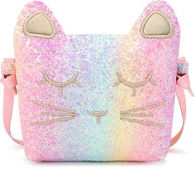 Cat Print Embroidery Shoulder Bag with Pearl Strap